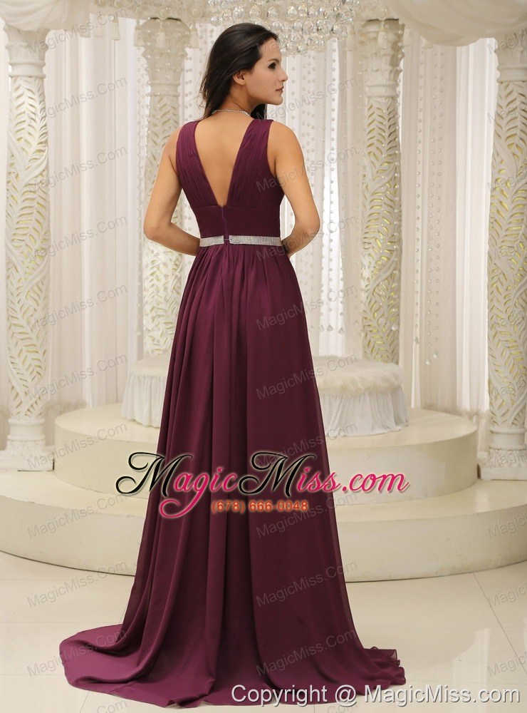wholesale v-neck burgundy brush train for prom dress