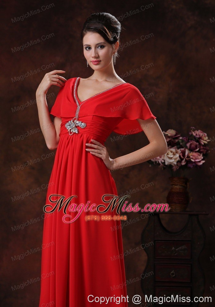 wholesale custom made red v-neck chiffon prom dress with short sleeves in 2013 kingman arizona