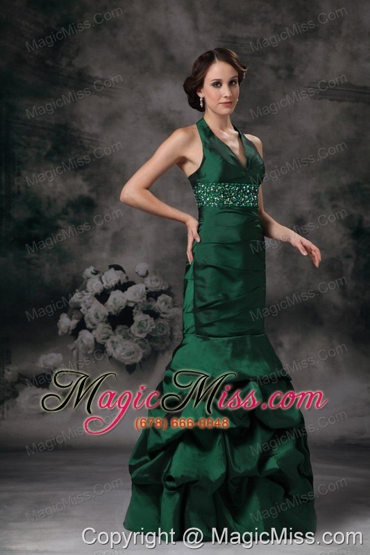 wholesale dark green mermaid halter floor-length taffeta beading prom / evening dress