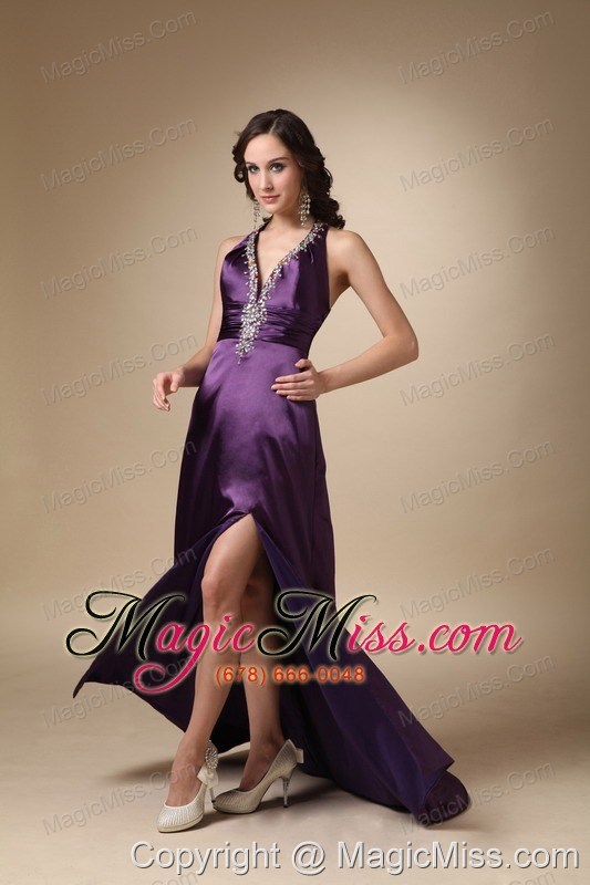 wholesale dark puprle column v-neck brush train elastic wove satin beading prom / evening dress