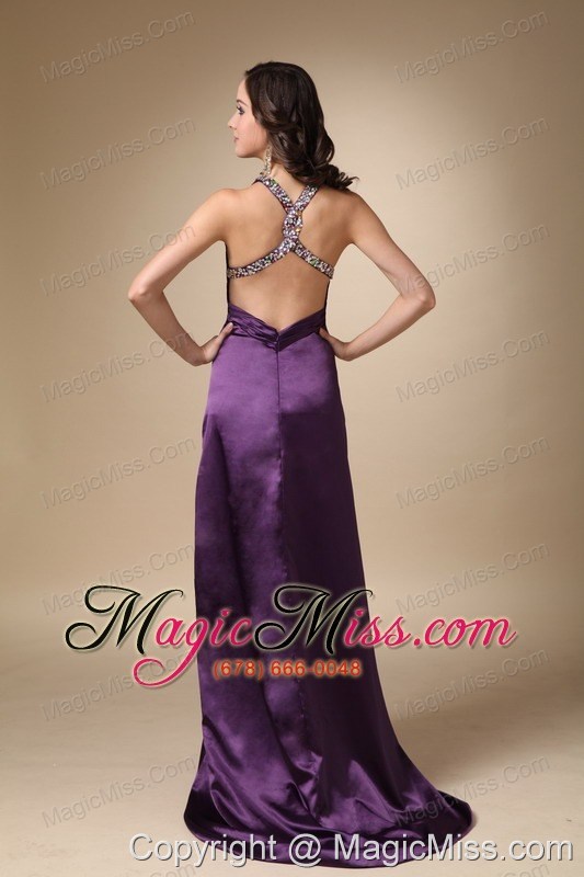wholesale dark puprle column v-neck brush train elastic wove satin beading prom / evening dress