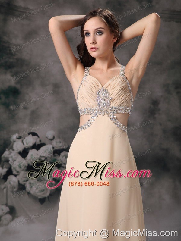 wholesale champagne column straps brush-length chiifon beading prom dress