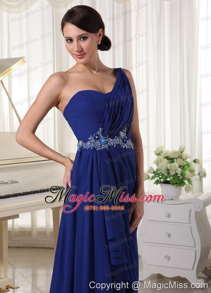 wholesale royal blue one shoulder chiffon prom / evening dress with brush train appliques with beading and ruch
