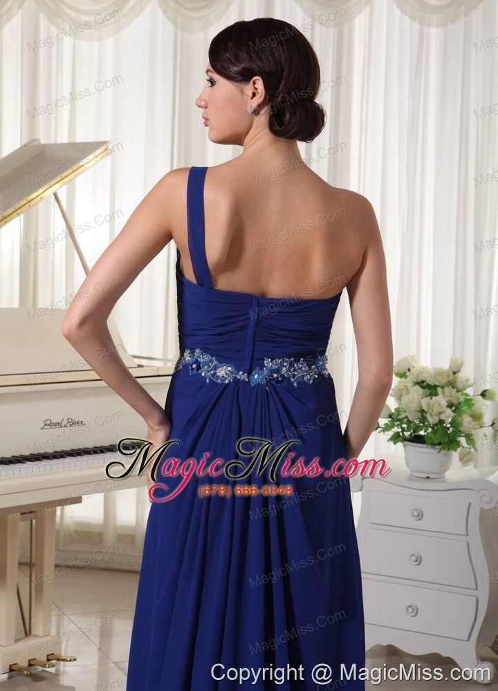 wholesale royal blue one shoulder chiffon prom / evening dress with brush train appliques with beading and ruch