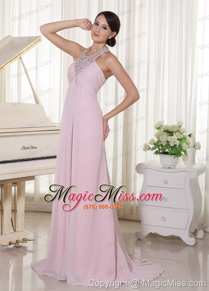 wholesale baby pink halter beaded chiffon 2013 prom dress with brush train