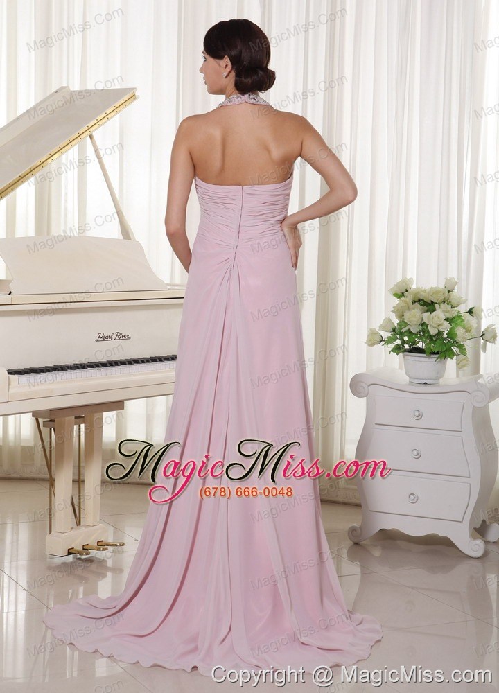 wholesale baby pink halter beaded chiffon 2013 prom dress with brush train