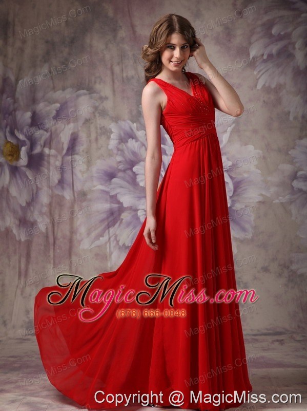 wholesale red empire v-neck brush train chiffon ruch and beading prom dress