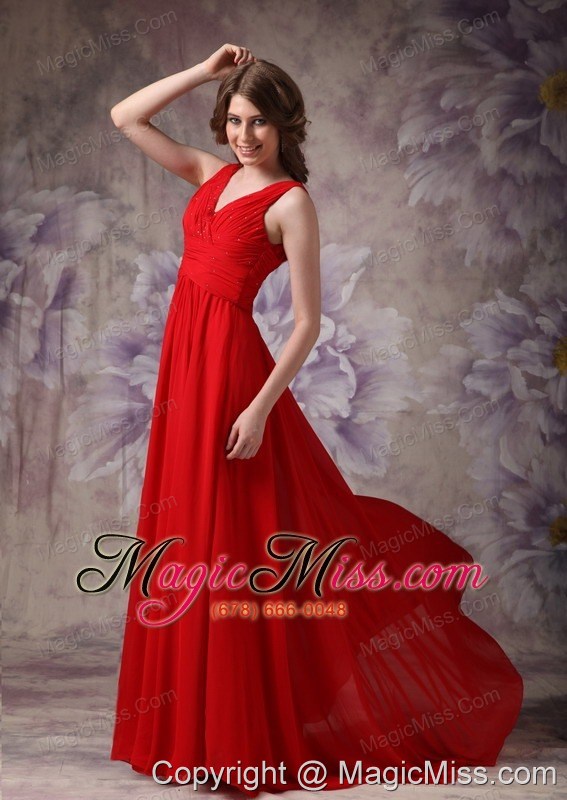 wholesale red empire v-neck brush train chiffon ruch and beading prom dress