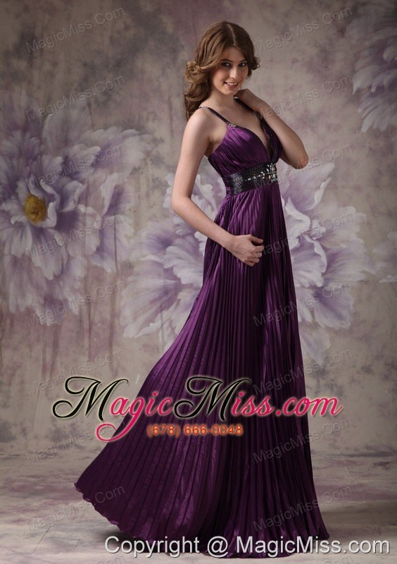 wholesale purple column spaghetti straps floor-length elastic wove satin beading prom dress