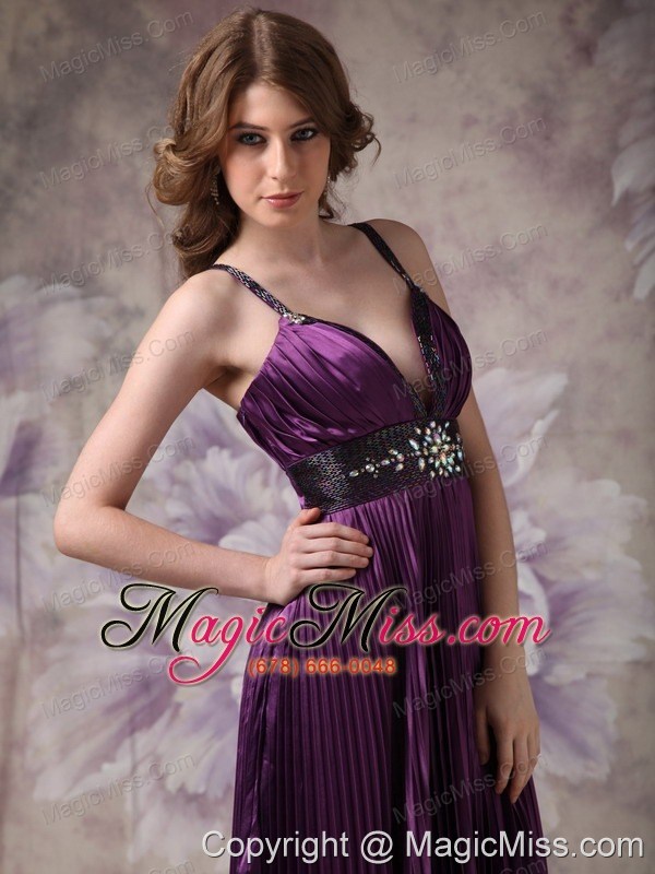 wholesale purple column spaghetti straps floor-length elastic wove satin beading prom dress