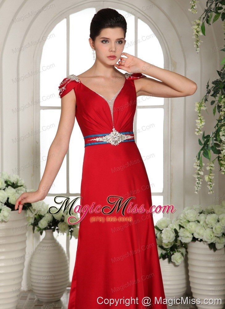 wholesale 2013 v-neck cap sleeves red beading and ruch prom gowns with brush train in virginia