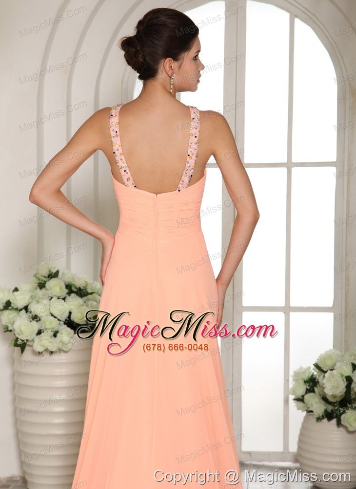 wholesale baby pink straps beading and ruch prom dress with court train in wisconsin