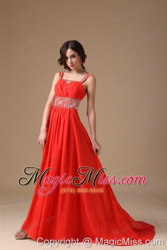 wholesale red a-line straps court train chiffon beading prom dress