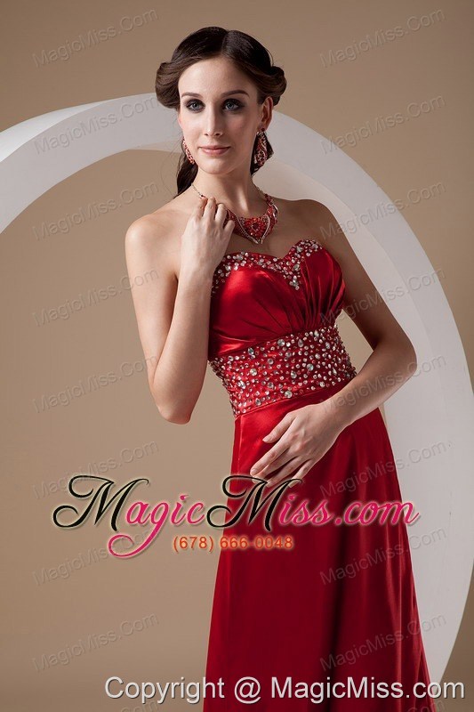 wholesale wine red column sweetheart brush train elastic wove satin beading prom dress