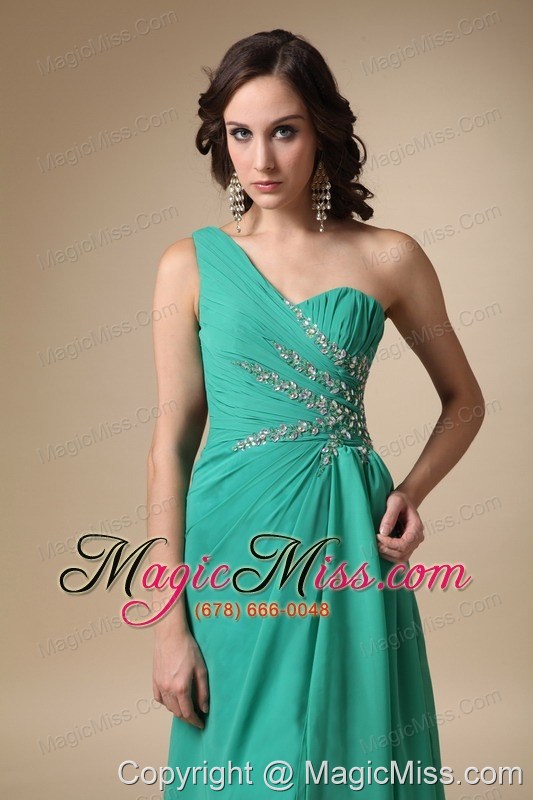 wholesale turquoise empire one shoulder brush train chiffon and elastic wove satin beading prom dress