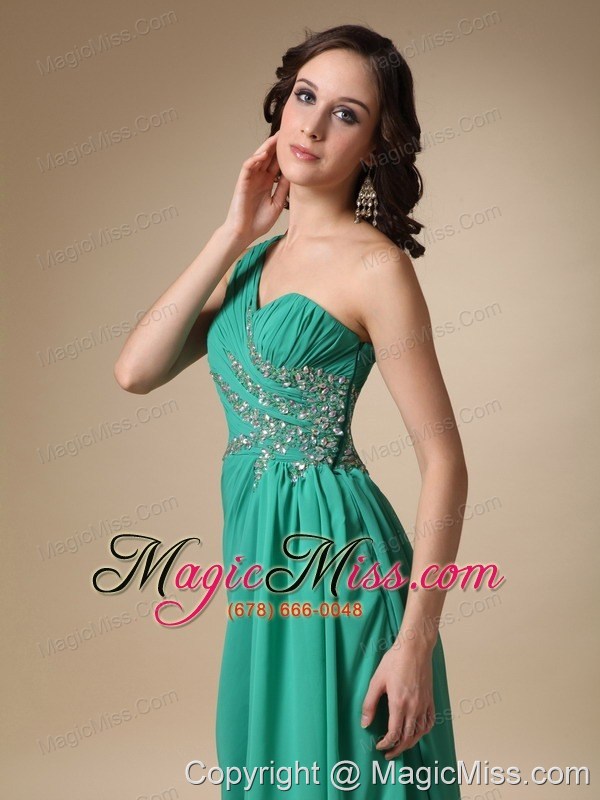 wholesale turquoise empire one shoulder brush train chiffon and elastic wove satin beading prom dress