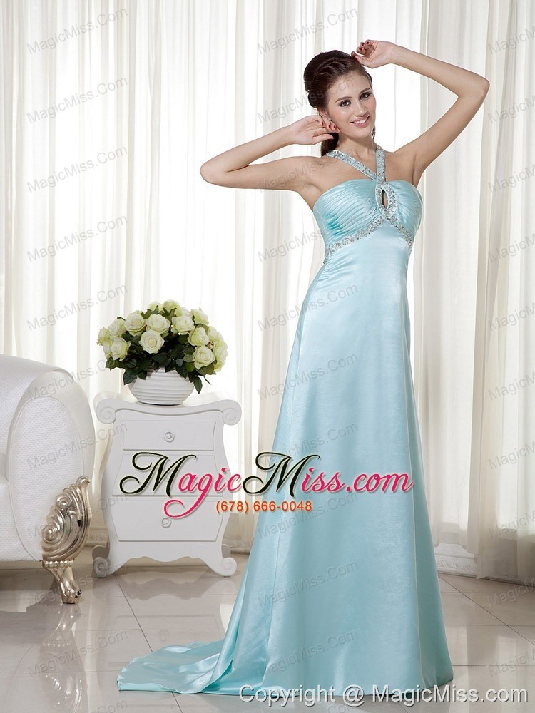 wholesale light blue empire halter brush train elastic woven satin beading prom dress