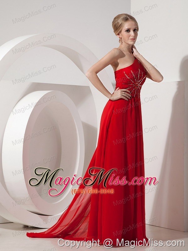 wholesale red empire one shoulder watteau train chiffon beading prom dress