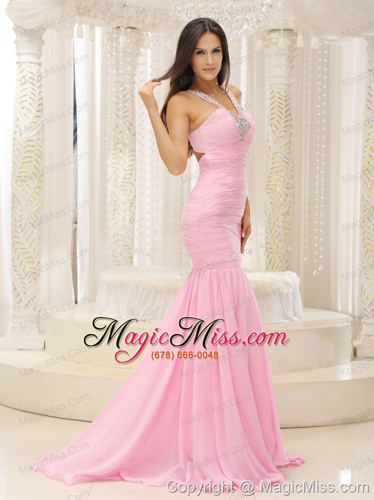 wholesale mermaid v-neck beaded decorate shoulder ruched bodice for romantic prom dress