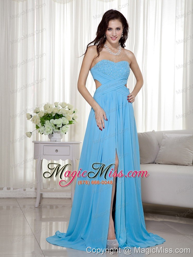 wholesale aqua blue empire sweetheart brush train chiffon beading prom dress