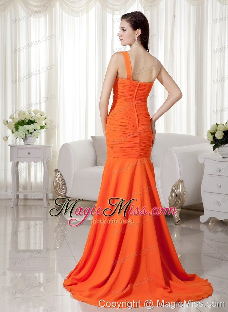 wholesale orange mermaid one shoulder brush train chiffon appliques prom dress