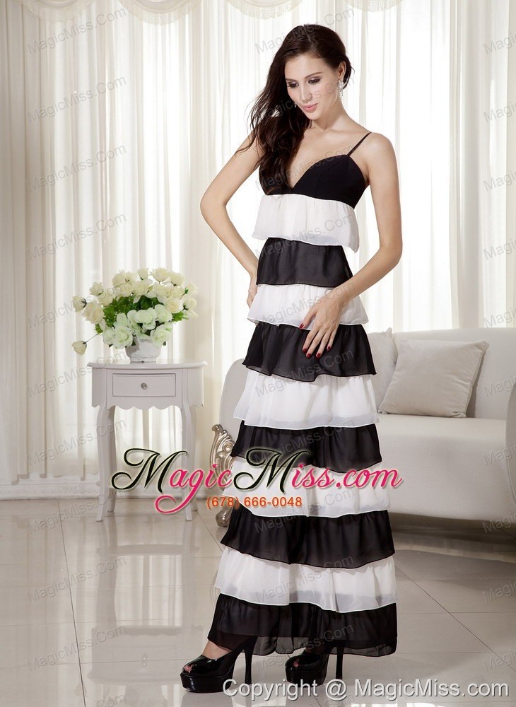 wholesale white and black empire spaghetti straps ankle-length chiffon prom dress