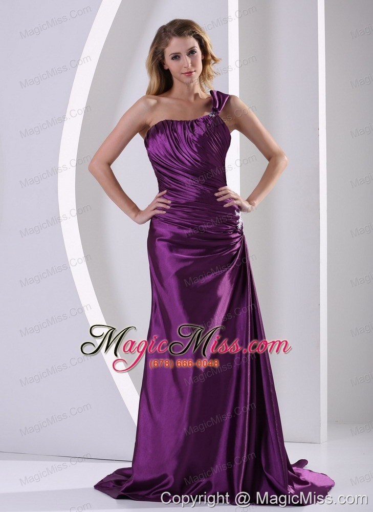 wholesale eggplant purple one shoulder evening / prom dress with ruch and appliques court train elastic woven satin