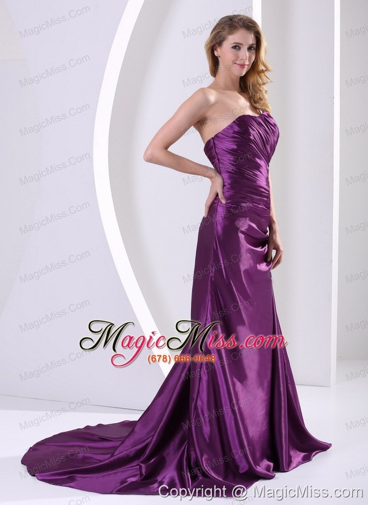 wholesale eggplant purple one shoulder evening / prom dress with ruch and appliques court train elastic woven satin