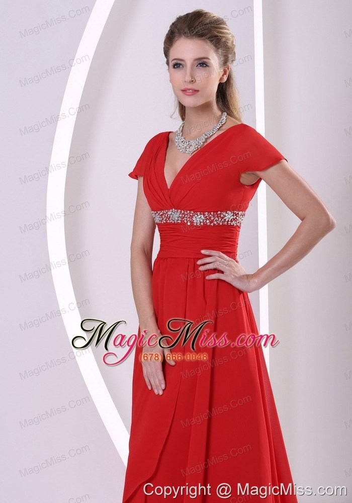 wholesale red beaded a-line v-neck chiffon 2013 prom / evening dress with cap sleeves court train