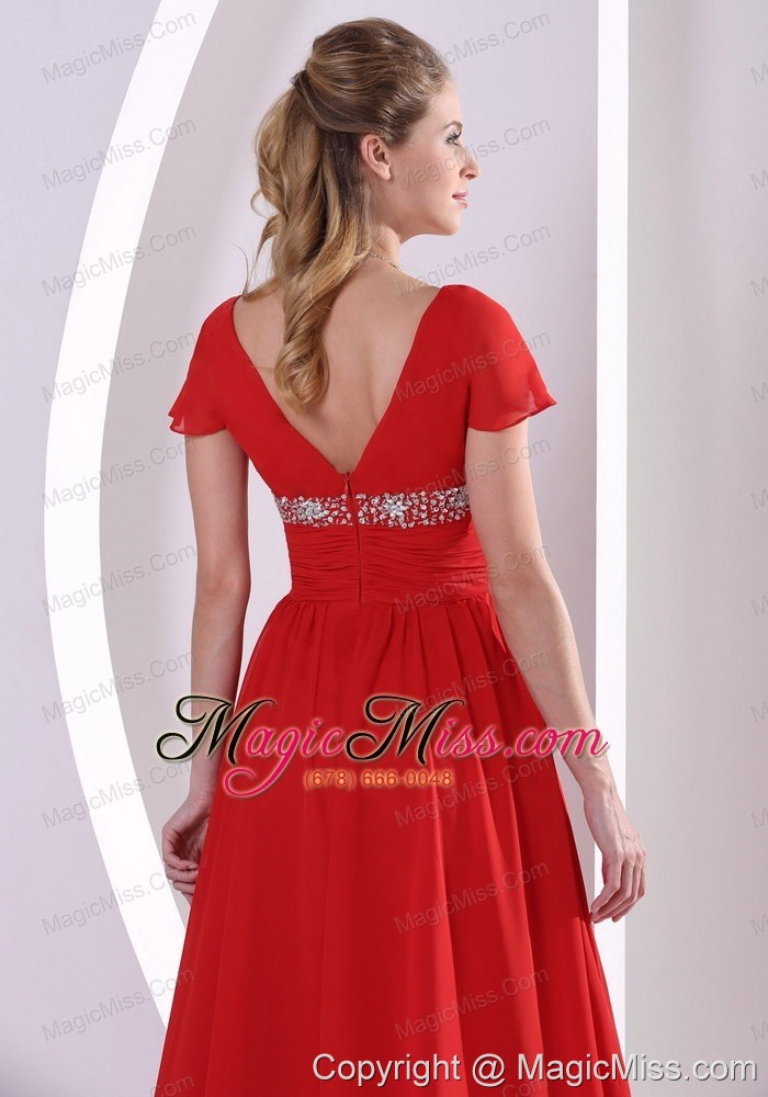 wholesale red beaded a-line v-neck chiffon 2013 prom / evening dress with cap sleeves court train