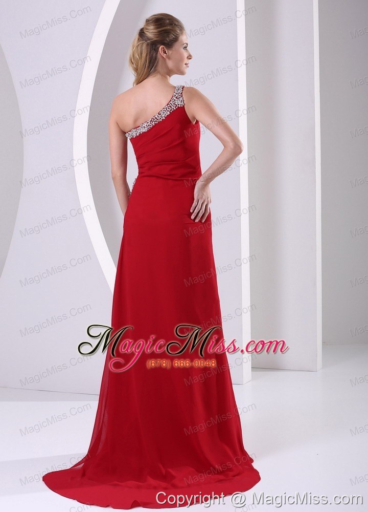 wholesale wine red high slit beaded decorate one shoulder and hip column chiffon prom / evening dress for formal evening brush train