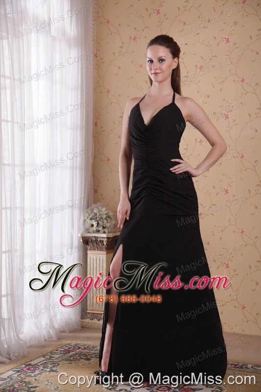 wholesale black column/sheath halter brush chiffon ruch prom dress