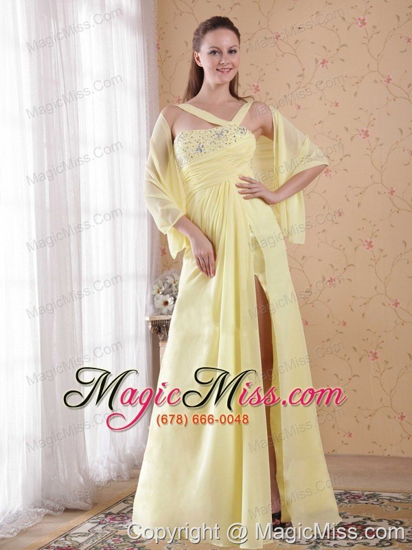 wholesale light yellow empire asymmetrical floor-length chiffon beading and rhinestones prom / evening dress