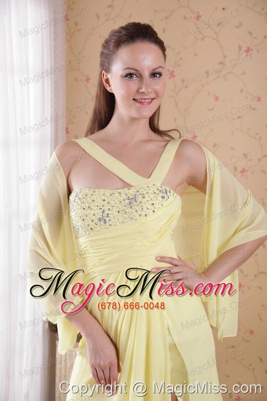 wholesale light yellow empire asymmetrical floor-length chiffon beading and rhinestones prom / evening dress