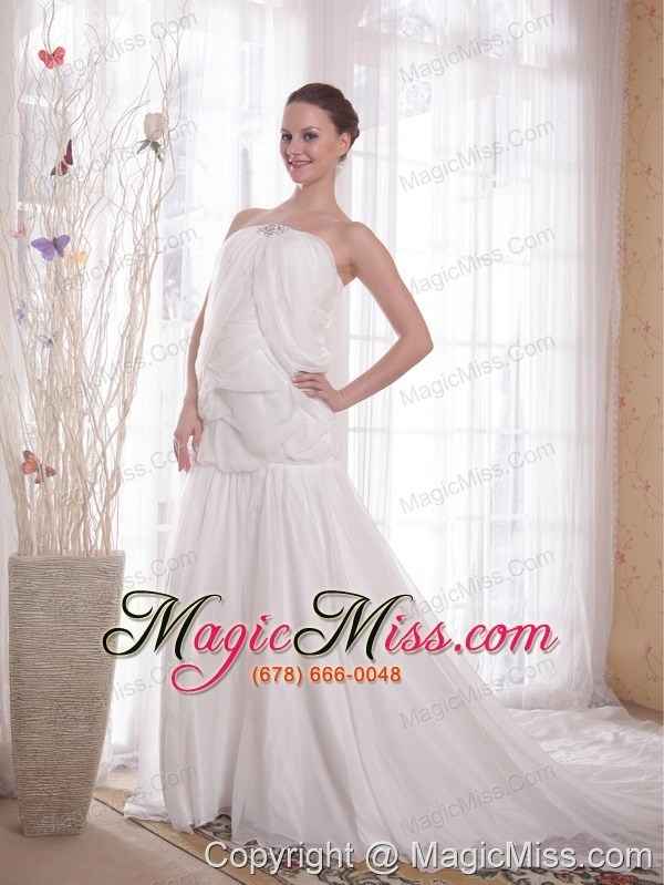 wholesale white a-line / princess strapless chapel train rhinestones chiffon prom dress