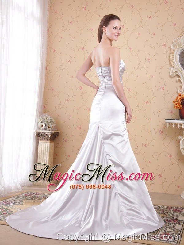 wholesale white column strapless court train satin appliques and ruch prom dress