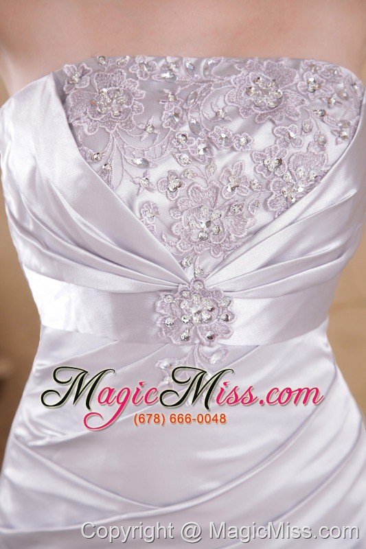 wholesale white column strapless court train satin appliques and ruch prom dress