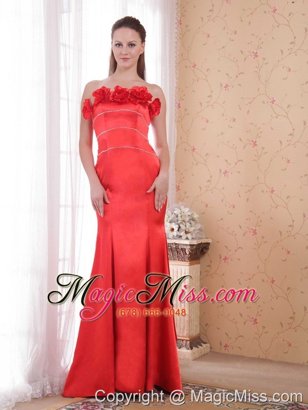 wholesale red mermaid strapless court train satin hand made flower prom dress