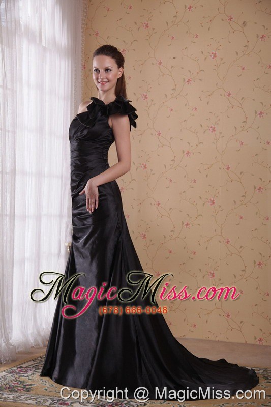 wholesale black a-line / princess one shoulder court train taffeta beading and ruch prom / celebrity dress