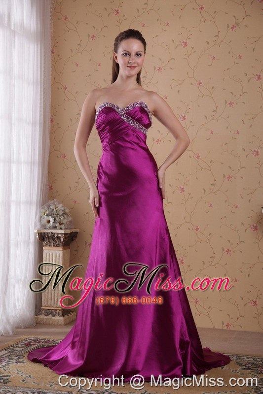 wholesale fuchsia column/sheath sweetheart brush/sweep elastic woven satin beading and pleat prom dress