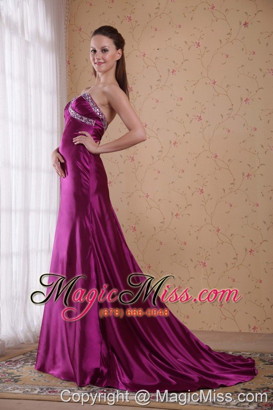 wholesale fuchsia column/sheath sweetheart brush/sweep elastic woven satin beading and pleat prom dress