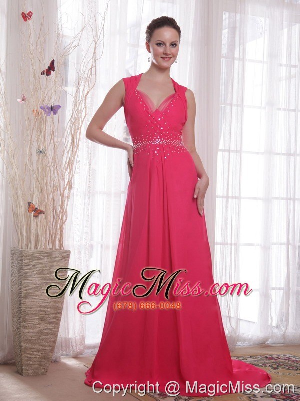 wholesale coral red empire v-neck brush /sweep beading chiffon prom/party dress