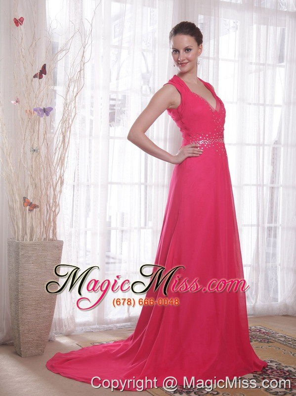 wholesale coral red empire v-neck brush /sweep beading chiffon prom/party dress