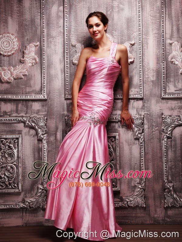 wholesale rose pink column one shoulder floor-length taffeta beading and ruch prom dress