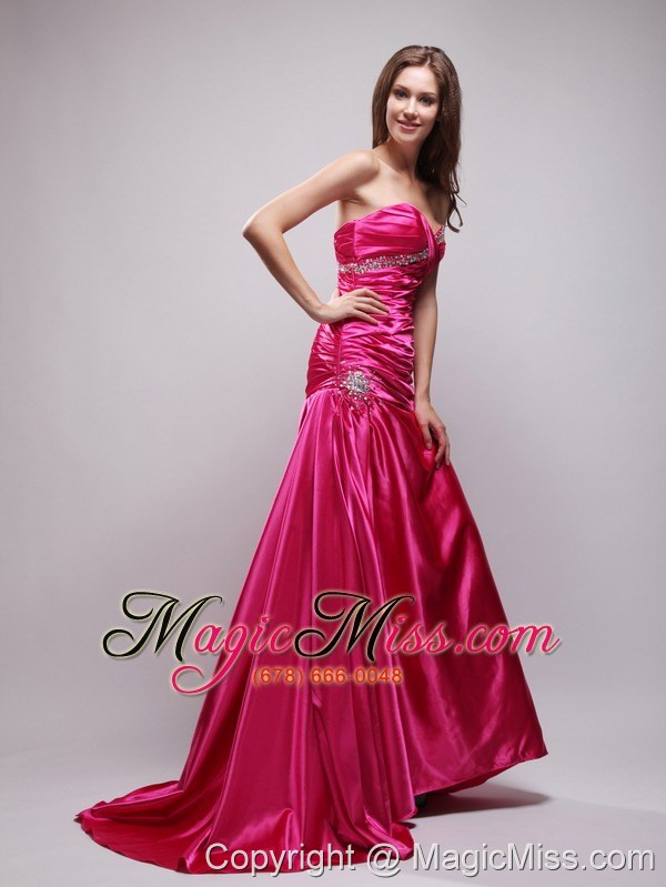 wholesale hot pink column sweetheart brush train taffeta beading and ruch prom dress
