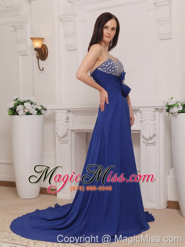 wholesale blue empire sweetheart court train chiffon beading and bow prom dress