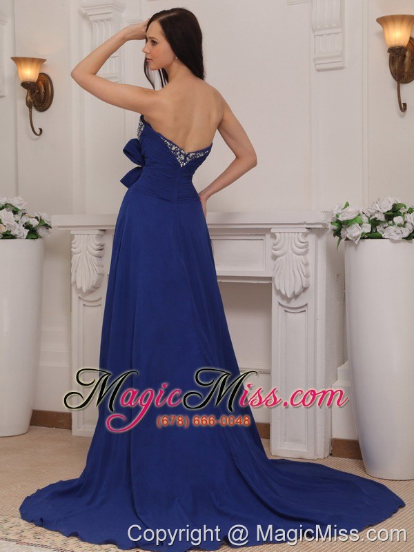 wholesale blue empire sweetheart court train chiffon beading and bow prom dress