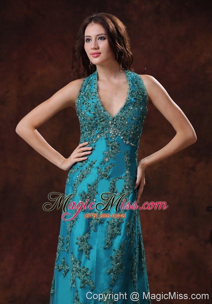 wholesale halter turquoise brush train prom dress with appliques decorate in auburn alabama