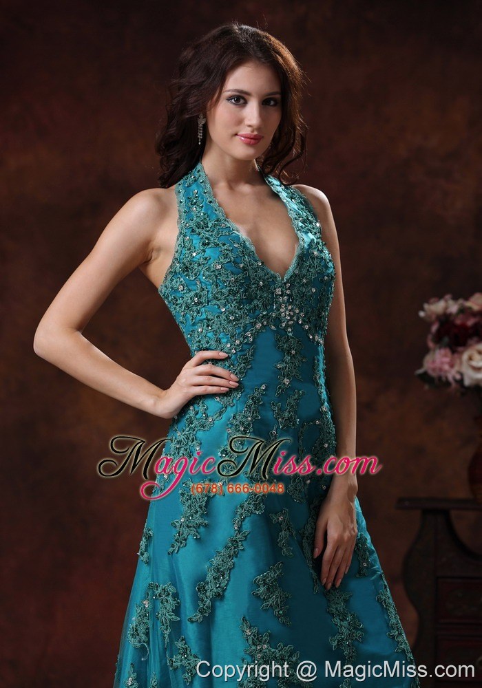 wholesale halter turquoise brush train prom dress with appliques decorate in auburn alabama