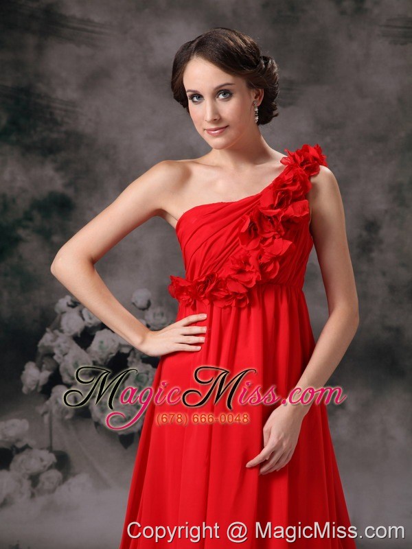 wholesale red empire one shoulder court train chiffon hand made flowers prom / evening dress